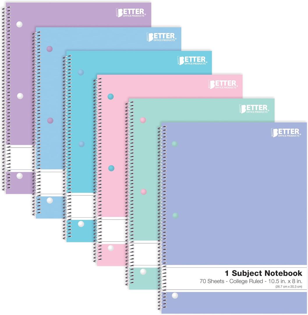 Better Office Products Spiral Notebooks, 6 Pack, 1 Subject, 70 Sheets, 10.5 x 8 inches, 6 Assorted Pastel Colors (College Ruled)