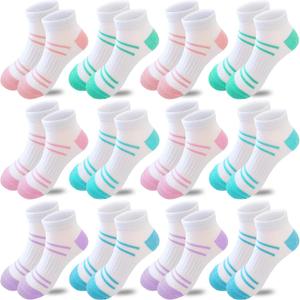 Bemeol 12 Pairs Girls Socks Kids Low Cut Ankle Athletic Socks Cotton Sports Sock (7-10 Years, 12 Pairs White)