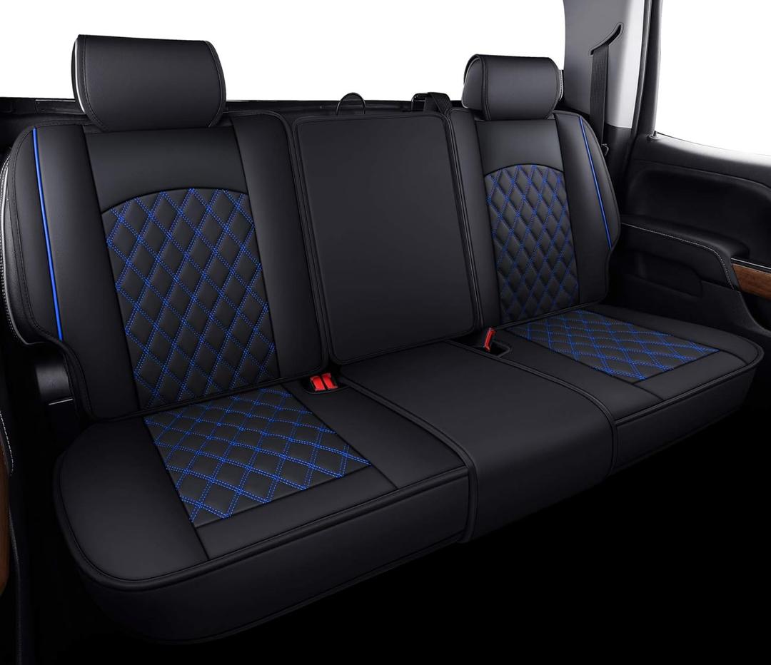 Aierxuan Back Seat Covers Compatible with Chevy Silverado GMC Sierra Pickup Custom Fit 2007-2025 1500 2500HD 3500HD Crew Double Extended Cab Waterproof Leather Split Bench (Rear Seat/Blue)