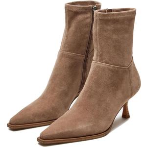 Womens Brown Suede Fall Boots with Side Zip, Ankle, Mid Calf, Pointed Toe, Kitten Heel, Dressy, Short Boots (8.5)