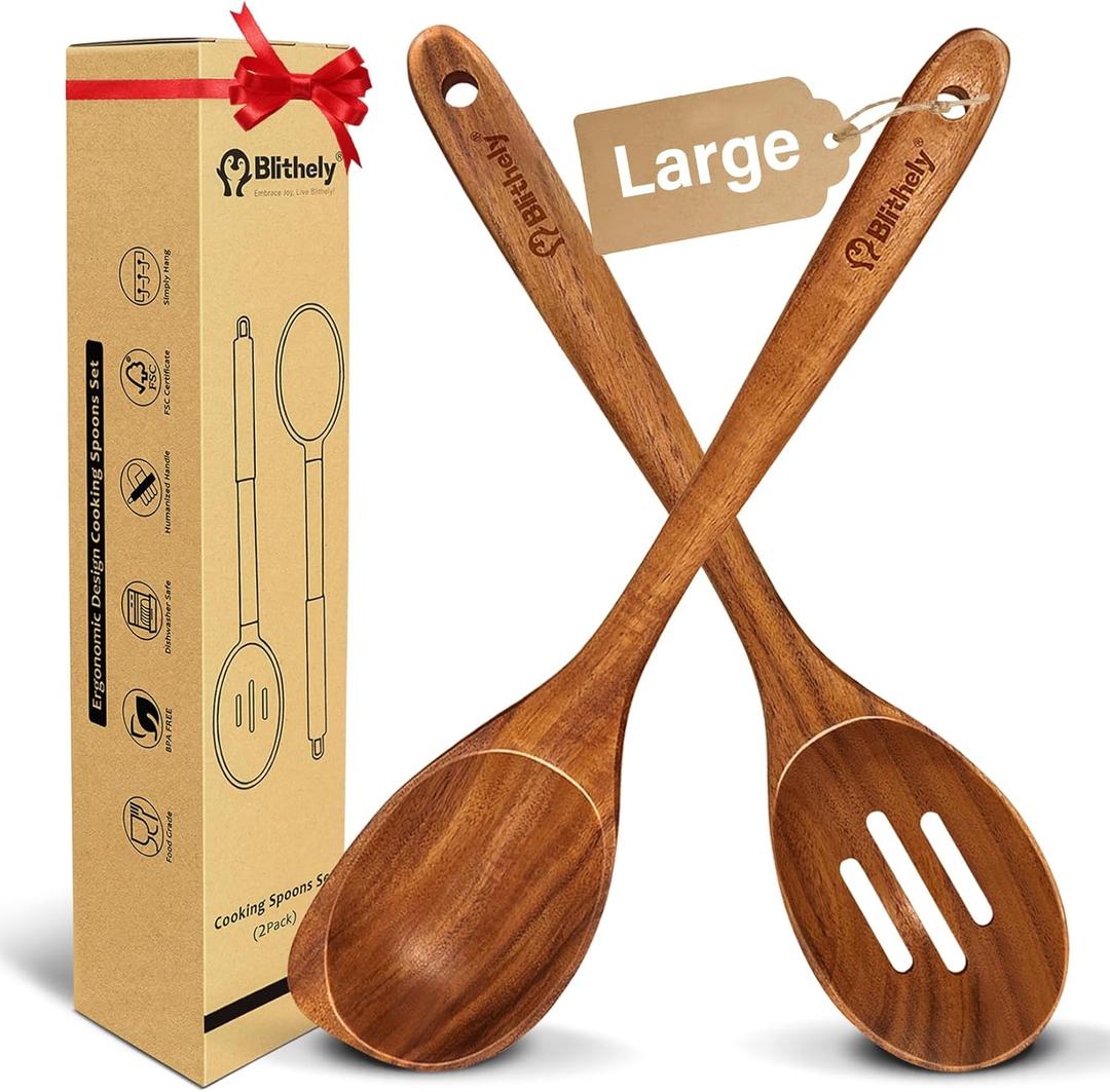 Large Wooden Spoons for Cooking, 2Pack Natural Teak Wood Cooking Spoon Set, Non-Stick Slotted and Corner Spoon, Heat-Resistant Wooden Spatula Spoon for Serving and Mixing