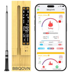 BBQOVN Smart Wireless Meat Thermometer,WiFi Unlimited Range Sub-1G (10X Stronger Than Bluetooth) 7 NIST-Certified Sensors 0.5F Accuracy with Smart Base for BBQ, Grill, Smoker & Oven(1, Black) (Small)