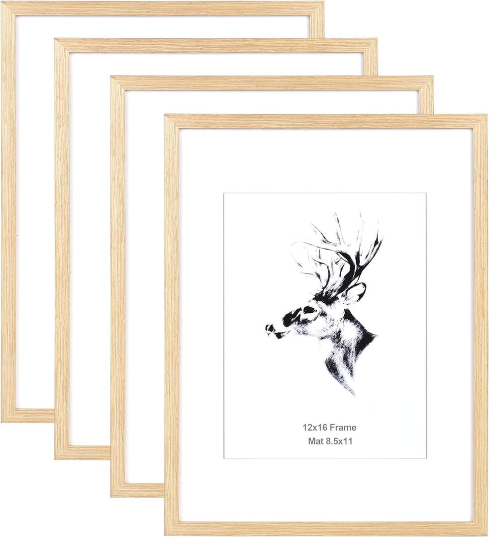 Yaetm 12x16 Picture Frame with Mat for 8.5x11 Set of 4, Natural Solid Oak Wood 12x16 Frame for Gallery Wall and Poster, Wall Mounted (4 pack, Oak)