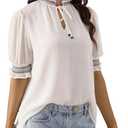 Blousart Summer Short Sleeve Shirt for Women Tops White Dressy Casual Business Round Chiffon Crewneck Smocking Blouse Loose Fit(XS, White)
