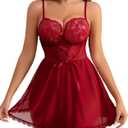 Womens Lingerie Sexy Babydoll Set Sheer Lace Chemise Nightgown with Garter Belt Bridal Boudoir Nighty Sleepwear (Red, L)