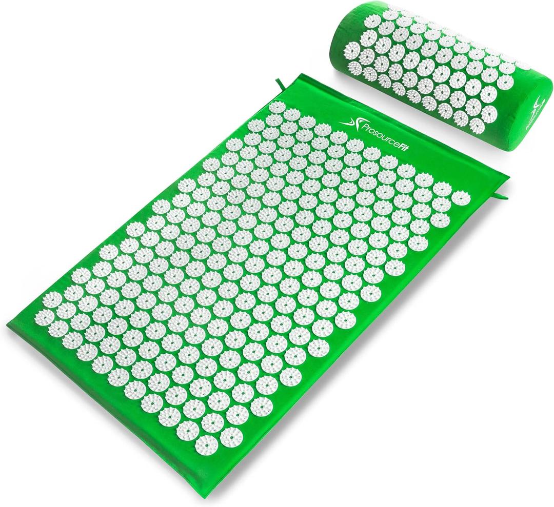 ProsourceFit Acupressure Mat and Pillow Set for Back/Neck Pain Relief and Muscle Relaxation (Large, Green/White)