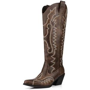 DANAZANA Knee High Cowgirl Boots Women Wide Calf Rhinestones Cowboy Boots Lady Pointed Toe Chunky Heel Embroidered Sparkly Boot With Side Half Zip Country Sparkle Boot, Size 10