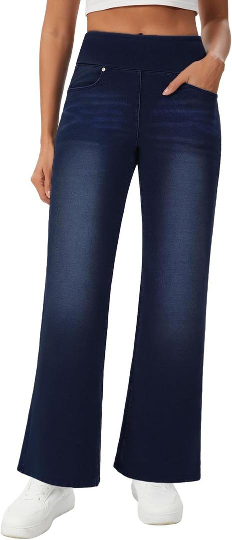 Women's High Waisted Jeans Pants Stretchy Pull On Bootcut Flare Jean Leggings with Pockets Wide Leg Casual Trousers, 12