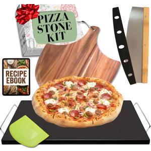 Easy Clean, Non Stick Ceramic Pizza Stone - Pizza Stones for Grill with Handles, Pizza Peel, Pizza Cutter, Dough Tool - Bread Baking Stone - 15 inch Ceramic Pizza Pan - Pizza Oven Accessories Kit