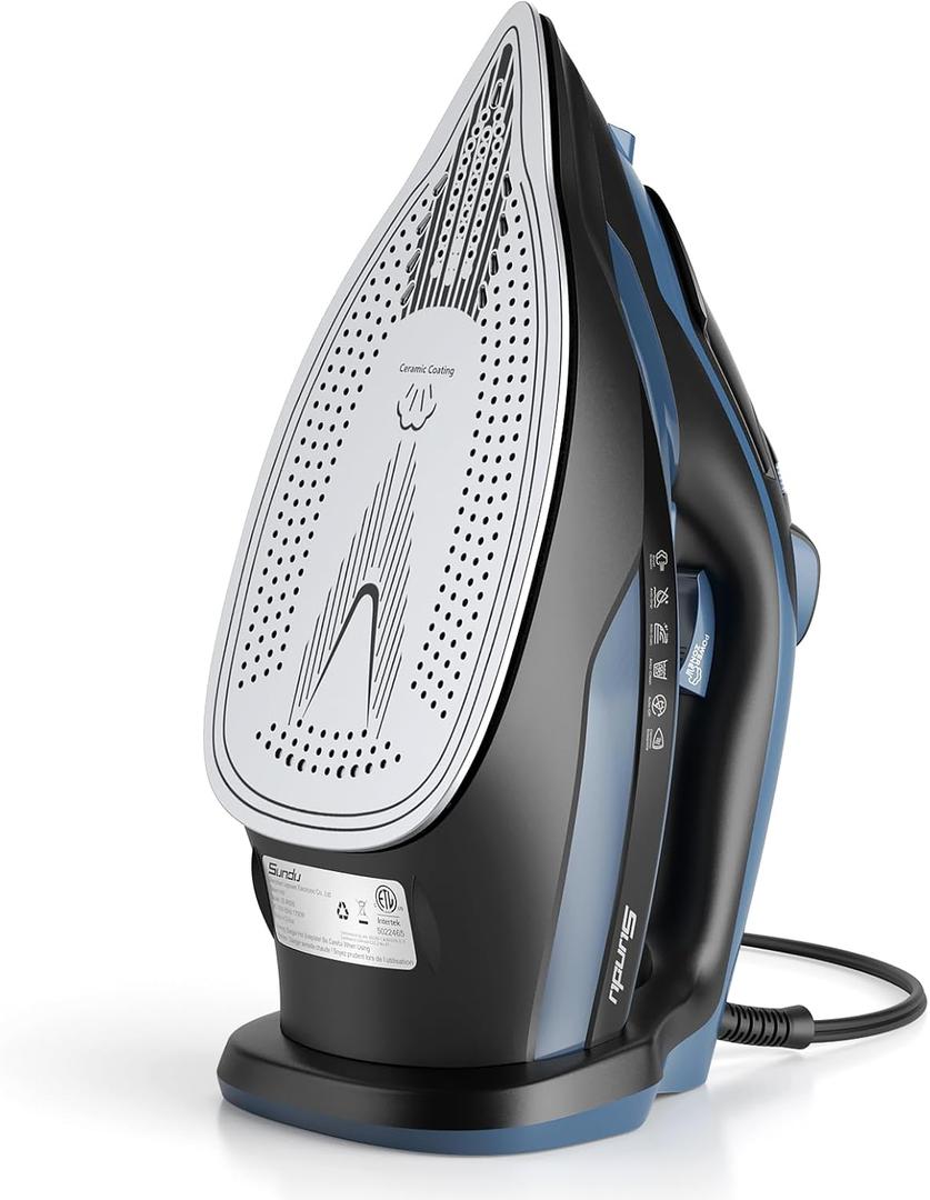 Sundu Steam Iron for Clothes with Rapid Heating Ceramic Coated Soleplate, 1700W with Precise Thermostat Dial, Self-Cleaning, Auto-Off, 15.21oz Water Tank for Home Clothes Ironing Use, Blue