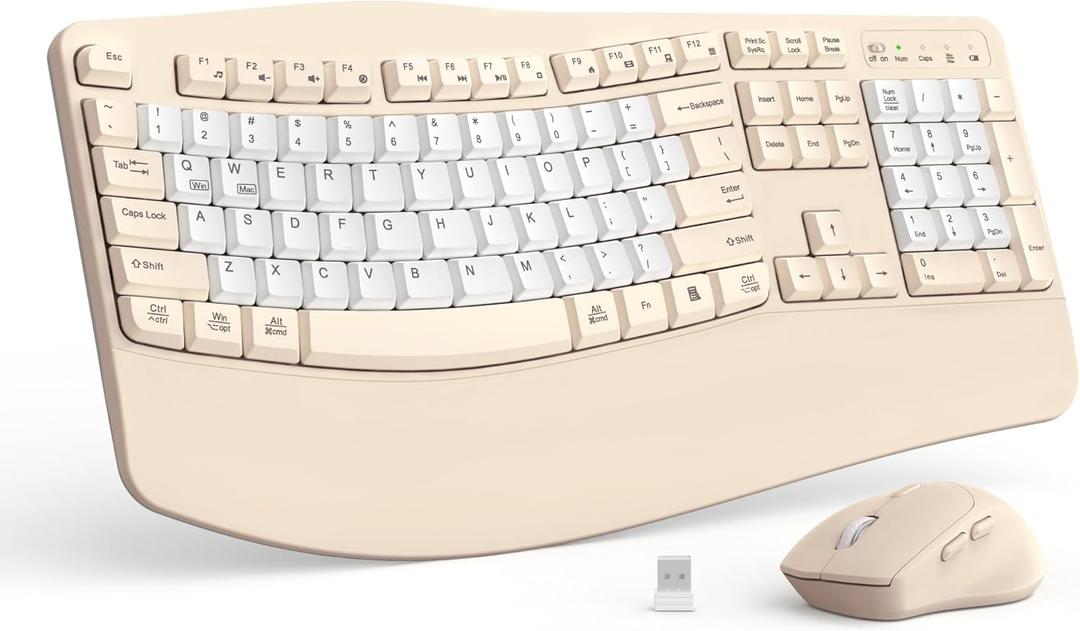 Ergonomic Wireless Keyboard and Mouse Combo, Wave Keys Keyboard with Wrist Rest for Natural Typing, 3 DPI Adjustable Ergonomic Silent Mouse for Computer/Laptop/Windows/Mac (Latte Color-B)