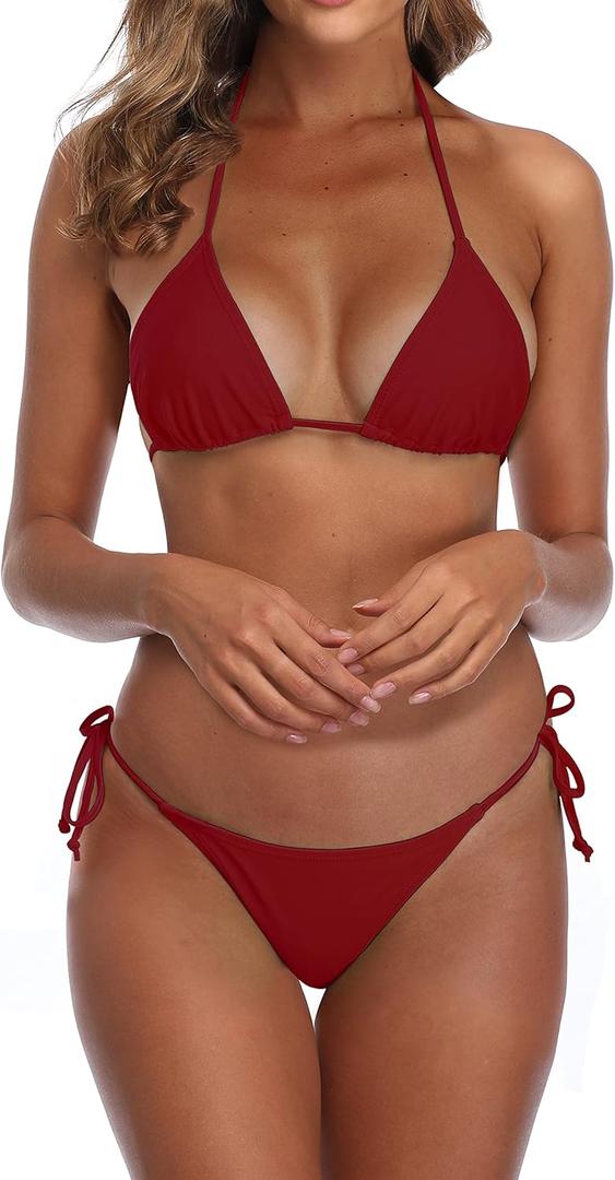 SHERRYLO Thong Bikini Swimsuit for Women Brazilian String Bikinis Thongs Bottom Triangle Top Bathing Suits Sexy Swimsuits (Large, 22001-wine Red)