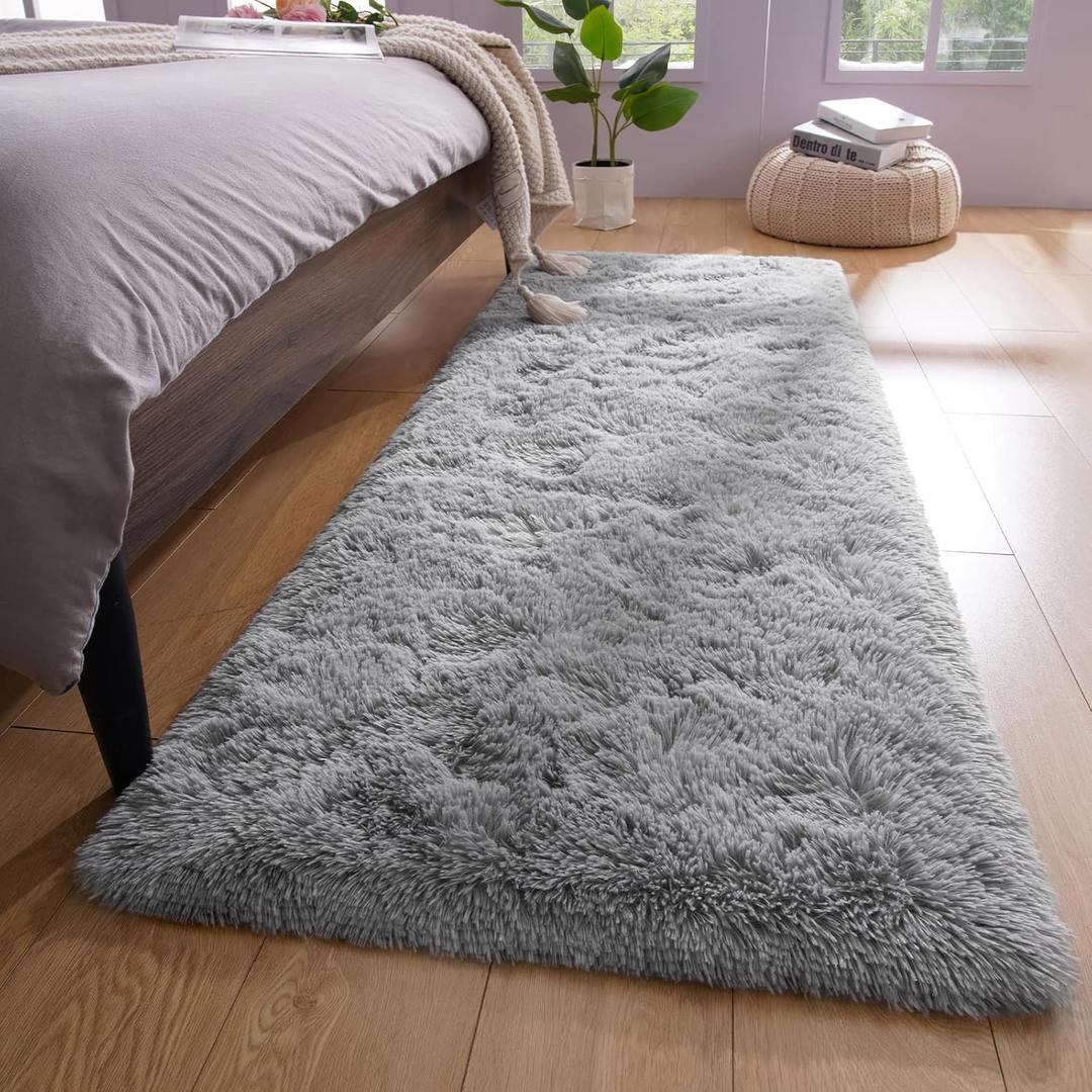 YJ.GWL Shag Runner Rug Non Slip for Bedroom Living Room Soft Small Rugs for Dorm, 2x6 Feet Grey Plush Carpet Runner for Nursery Dorm, Fuzzy Bedside Rug for Kids Boys Girls Room Home Decor