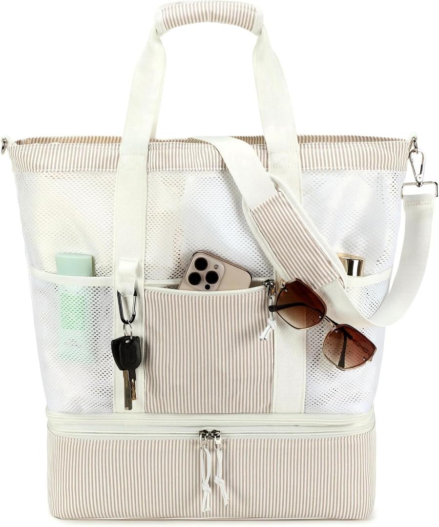 Bluboon Mesh Beach Tote Bag with Cooler Compartment Insulated Detachable Picnic Bag with Zipper and Pocket Pool Bag for Women