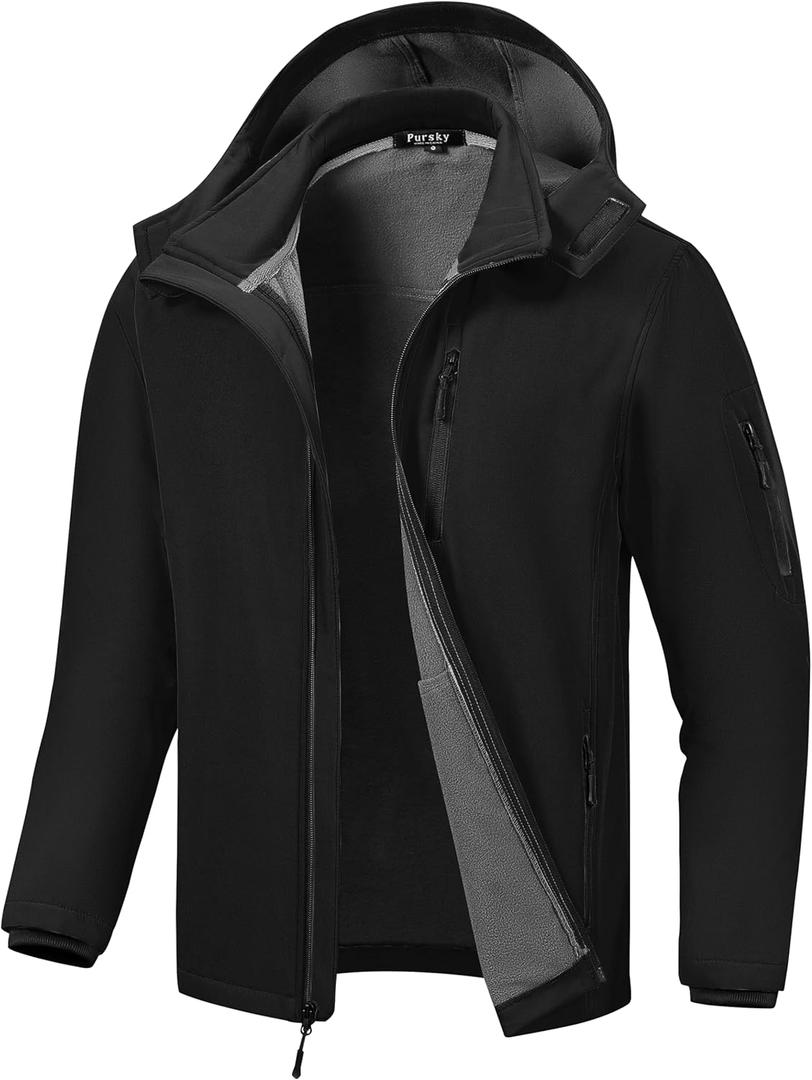 Pursky Men's Softshell Jacket Waterproof Fleece Lined Windbreaker With Removable Hood Lightweight Tactical Jacket (Medium, Black)