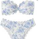 SHENHE Women's 2 Piece Bandeau Bikini Sets Floral Print Scalloped Boho Strapless Swimsuits (Blue and White) S