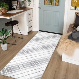 CAREMEE Modern Plaid 2x6 Runner Rug Non-Slip Washable Kitchen Runner Rug for Hallways Low Pile Non-Shedding Stain Resistant Long Accent Area Rug for Bedroom Laundry Bathroom Foyer Bedroom Light Grey