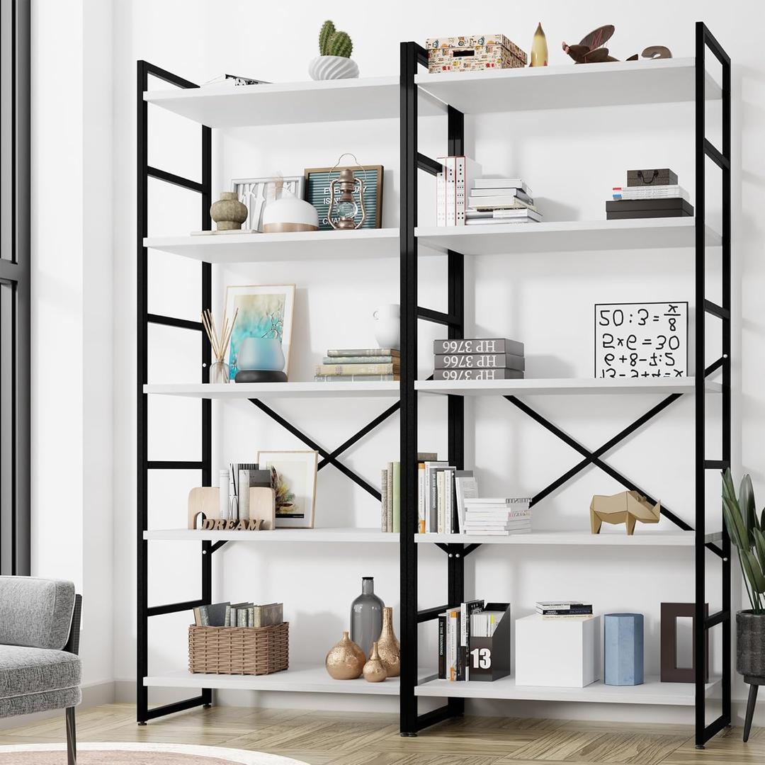 Shintenchi 2-Tier Bookshelf: Tall Industrial Bookcase for Living Room/Home/Office, Modern Book Holder with Storage Rack Shelves - White (2pcs/White)