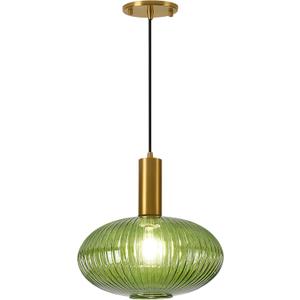 Modern Green Pendant Light Fixtures, Vintage Brass Ceiling Hanging Pendant Lights Adjustable with Striped Globe Glass Shade for Kitchen Island Bedroom Hallway Foyer, E26, 60W (Green)