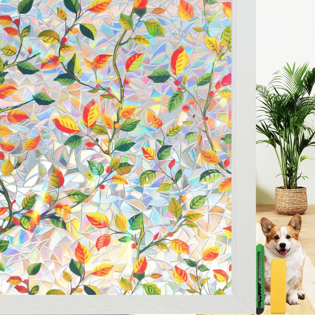 Window Privacy Film Stained Glass Rainbow Window Film with Installation Kits, 3D Static Cling Decorative Windows Decals, UV Blocking & Heat Control Non-Adhesive (Leaf, 17.5" x 78.7")