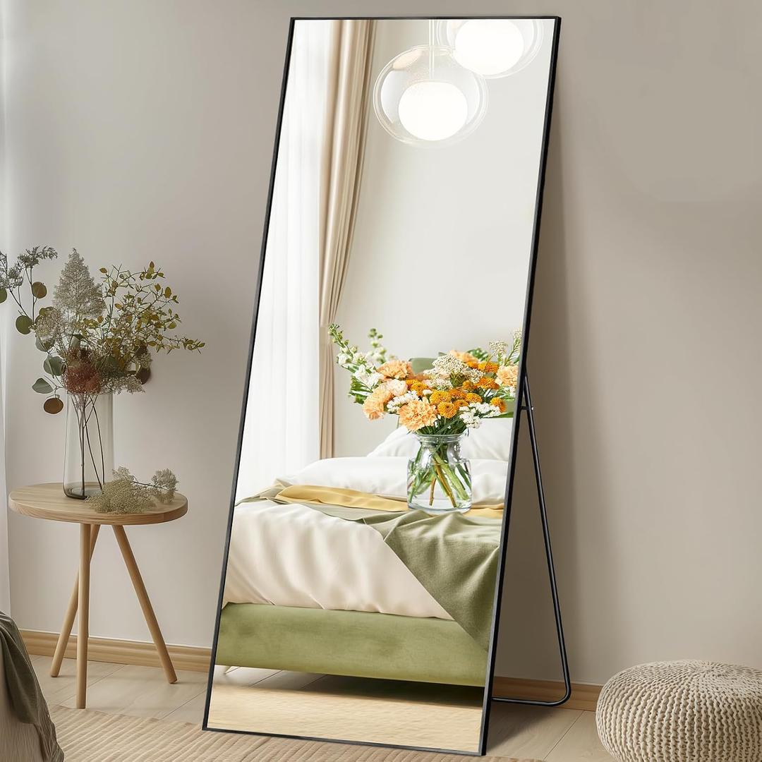 Mirror Full Length, Upgraded 21"x64" Body Wall Mirrors with Shatter-Proof Glass, Floor Standing, Hanging or Leaning, Tall Mirror with Stand Aluminum Alloy Frame for Bedroom, Black