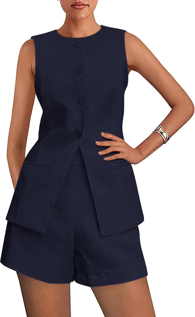 PRETTYGARDEN Women's 2 Piece Sets 2026 Summer Trendy Button Down Suit Vest Tops High Waisted Shorts Business Casual Outfits (Blue, S)