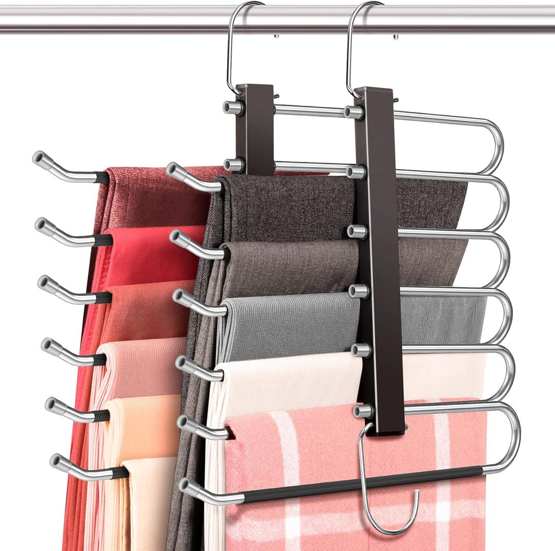 HUITEM 4 Pack 6-Tier Space Saving Pant Hangers, Anti-Slip, Lightweight, Stainless Steel, Black, 6 Pairs Jeans Hangers