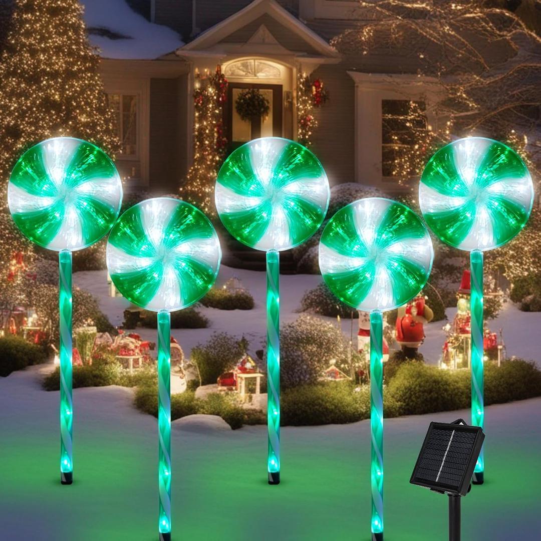Christmas Solar Pathway Lights, Set of 5 Lollipops Peppermint Stake Lights, 8 Modes Candy Cane Walkside Lights, Outdoor Xmas Decoration for Walkway,Yard