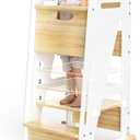 Toddler Standing Stool with Sliding Door, 3-Height Adjustable Kitchen Step Stool for Kids, Sturdy Wooden Learning Tower with Non-Slip Feet, Ages 18 Months6 Years, White