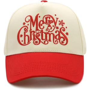 Qoyupuza Two-Tone Merry Christmas Embroidery Dad Hat - Eco-Friendly Degradable Snapback, Unisex Xmas Holiday Cap (Red/Beige)
