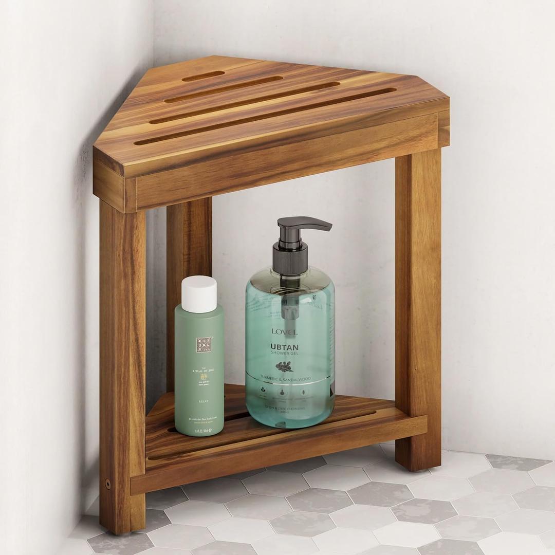 BLUEWEST Shower Foot Rest, Corner Shower Stool, Wooden Shower Foot Stool for Shaving Legs Inside Shower, Waterproof Shower Foot Rest with Storage Shelf for Small Shower Space, Shower Seats and Benches (Acacia)
