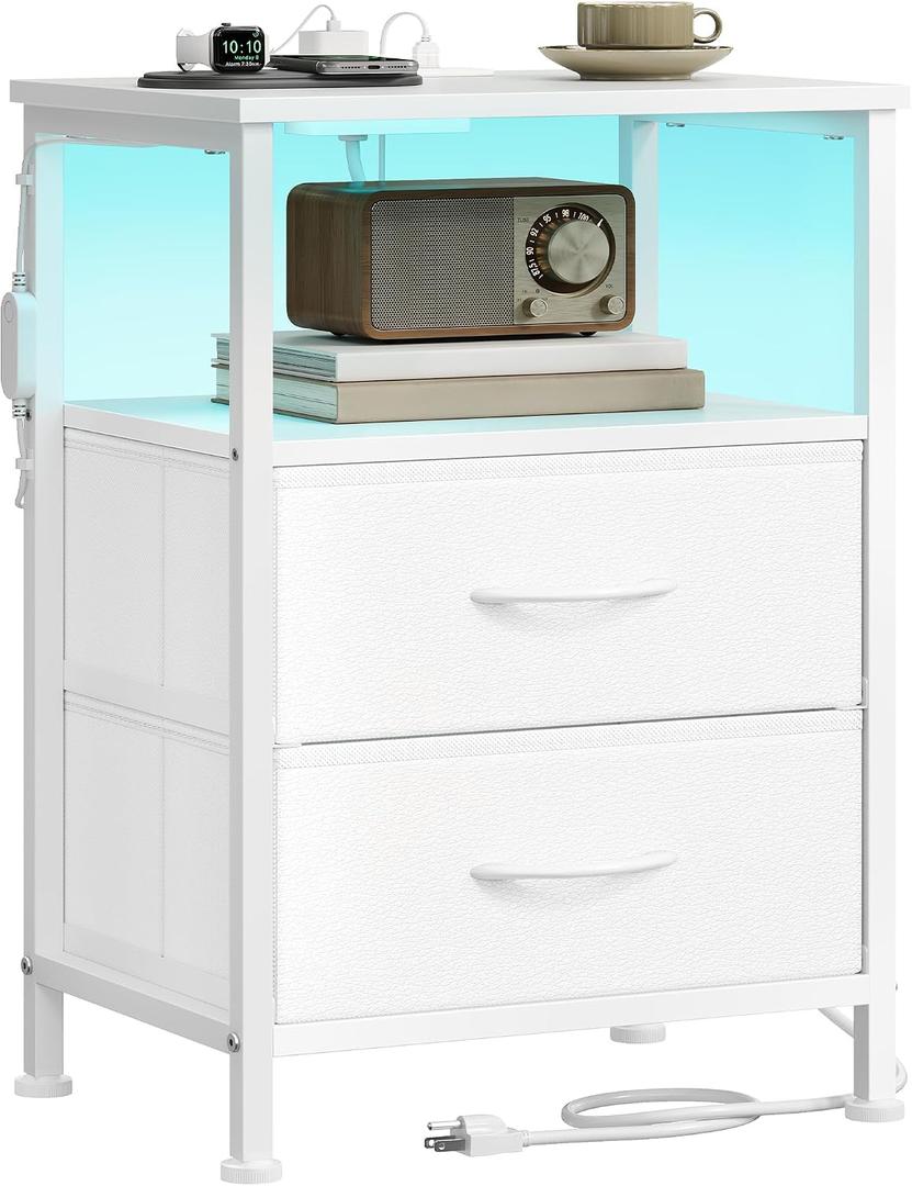 SONGMICS BELLAH Collection - Nightstand with Charging Station and App-Controlled Adjustable LED Lights, Bed Side Table, 2 Drawer and 1 Open Shelf, Bedroom, Cloud White and Snow White ULGS302WH01S