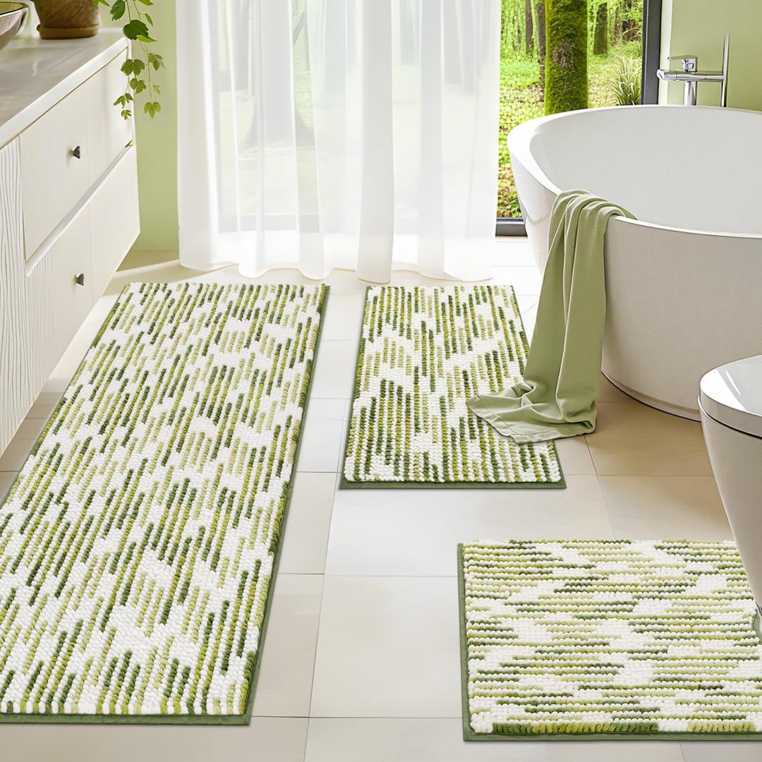 BSICPRO Bathroom Rugs Sets 3 Piece, Non-Slip Chenille Toilet Rugs with TPR Backing, U-Shaped Toilet Mat with Abstract Stripe Design, Ultra Soft Thick Absorbent Bath Floor Mats for Bathroom Washable