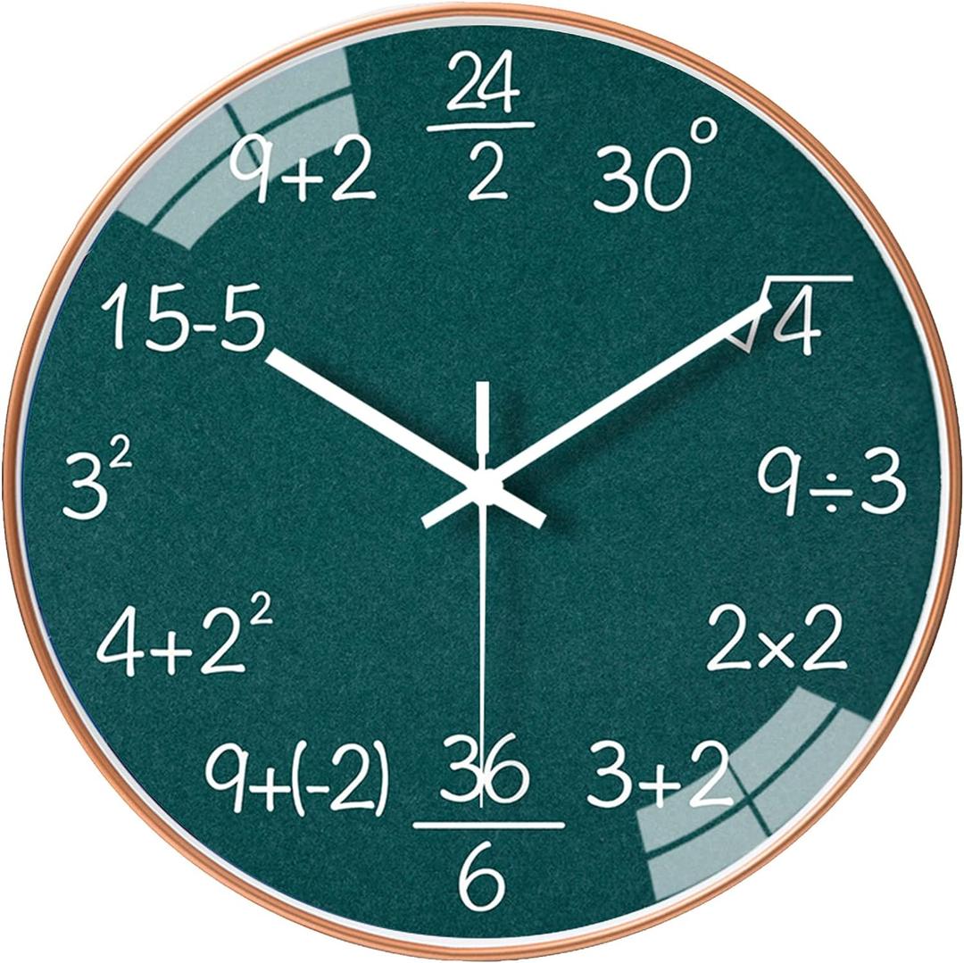QINFIEY 12 Inch Math Wall Clock Silent Non Ticking Movement Quality Quartz Wall Clock for Office Classroom/School/Home/Kitchen/Living Room Wall Decorations (Green)