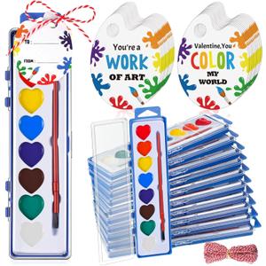 Sabary 24 Pack End of School Year Gift for Student Watercolor Paint Set Bulk with Card and Rope 8 Washable Watercolor Paint with Brush for Last Day of School Classroom Kid Art Party Favor (Heart)