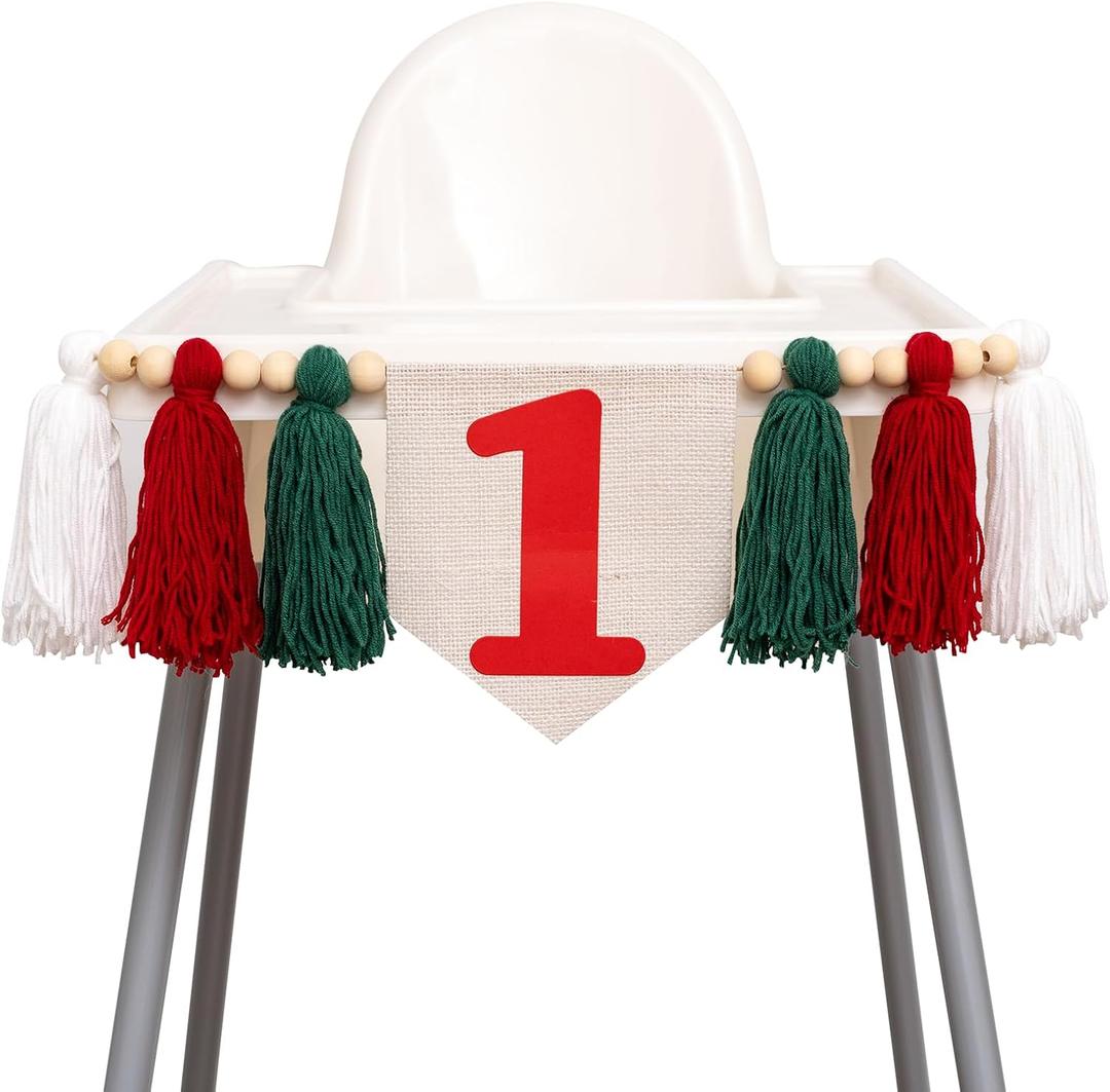 CIEQR Christmas First Birthday High Chair Banner - Oh What Fun it is to be One Highchair Banner, Red and Green 1st Birthday Tassel Banner for Party, Cake Smash, Photo Props