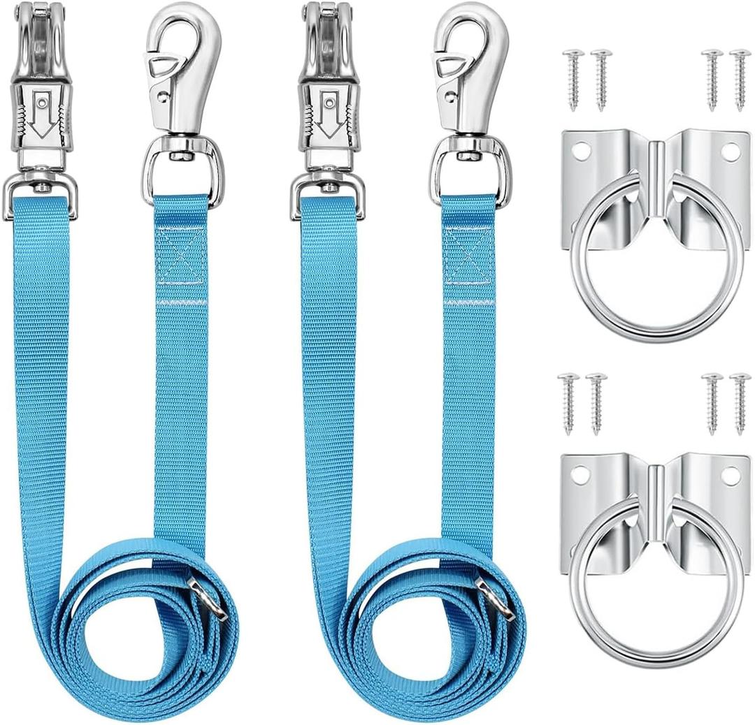 Cross Ties for Horse,Heavy Duty Nylon Horse Trailer Tie with Strong Panic Snap and Bull Snap,Adjustable from 45.2" to 78.7" Hanging Strap with 2 Pcs Tie Rings and Screws (Blue)