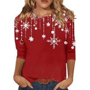 Christmas Shirts for Women Ladies Casual Round Neck Xmas Print Tops Loose Fit 3/4 Length Sleeve Large Deep Red (Red, L)