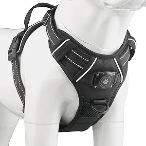 Waterproof AirTag Dog Harness, No-Pull Dog Harness with Airtag Holder, Reflective Adjustable Dog Vest Harness with Apple Air Tag Case, Material- Durable Harness for Small Medium Large Dogs (Black, M)