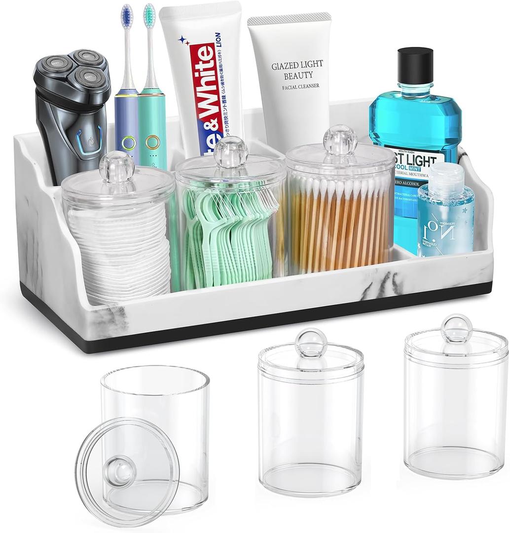 Marble Bathroom Countertop Organizer, Toothbrush Holders for Bathroom with 3PCS Qtip Holder Dispenser and Toothpaste Holder Drainage for Bathroom Accessories Organization Counter Vanity Storage (White)