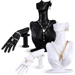 4 Pack Resin Jewelry Mannequin Display Set Necklace Earring Display Stand and Female Mannequin Hand Ring Bracelet Holder Bust Organizer Black White for Shows Selling Home Decor (Elegant)