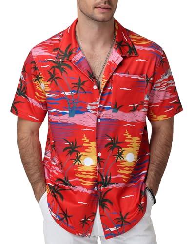 SEAOYOZO Men's Hawaiian Shirt Short Sleeve Tropical Button Down Floral Vacation Beach Shirts Wrinkle Free Stretchy Breathable Sunset Palm Red Print XL