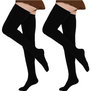 EZFS PLUS Thigh High Socks for Women Extra Long and Thick Over the Knee Cotton Boot Stockings Leg Warmer for Girls (7-15, Black 2 Pairs)
