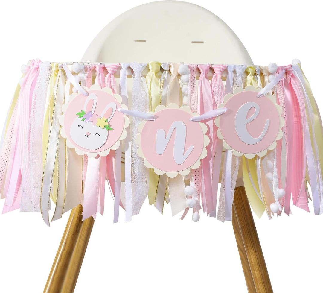 Some Bunny Is One High Chair Banner - Easter Bunny 1st Birthday Highchair Banner for Girls, Spring Rabbit 1st Birthday Decoration, Easter Girl First Bday Decor