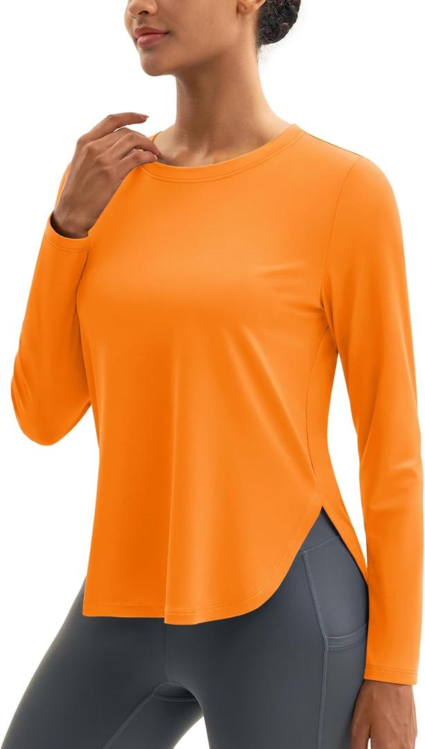 MAGCOMSEN Women's Sun Shirts UPF 80+ Long Sleeve Quick Dry Workout Tops | Moisture-wicking, Sun Protection, UV Protection, High Side Splits, Soft, Lightweight, Athletic, Running, Hiking, Yoga, Golf (Orange, L)