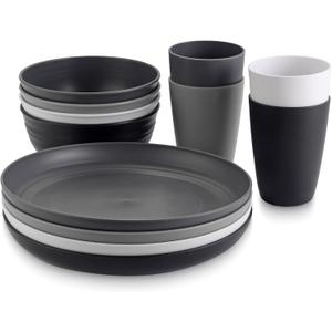 Anbte Plastic Camping Plates and Bowls Set, 12pcs Unbreakable Camping Dinner Set for 4, Reusable, Microwave & Dishwasher Safe Dinner Set, for Kitchen Outdoor Travel Picnic, white gray dark gray black
