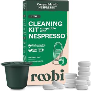 Roobi Cleaning Pods Compatible with Nespresso. Includes 1 Reusable Pod & 12 Cleaning Tablets. Specially Formulated for Originaline Machines. 1 Year Supply.