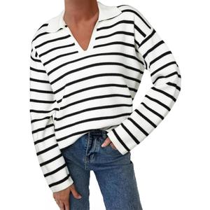 EVALESS Sweaters for Women Long Sleeve V Neck Striped Knit Drop Shoulder Fall Jumper 2025 Henley Pullover (Large, White Strips)