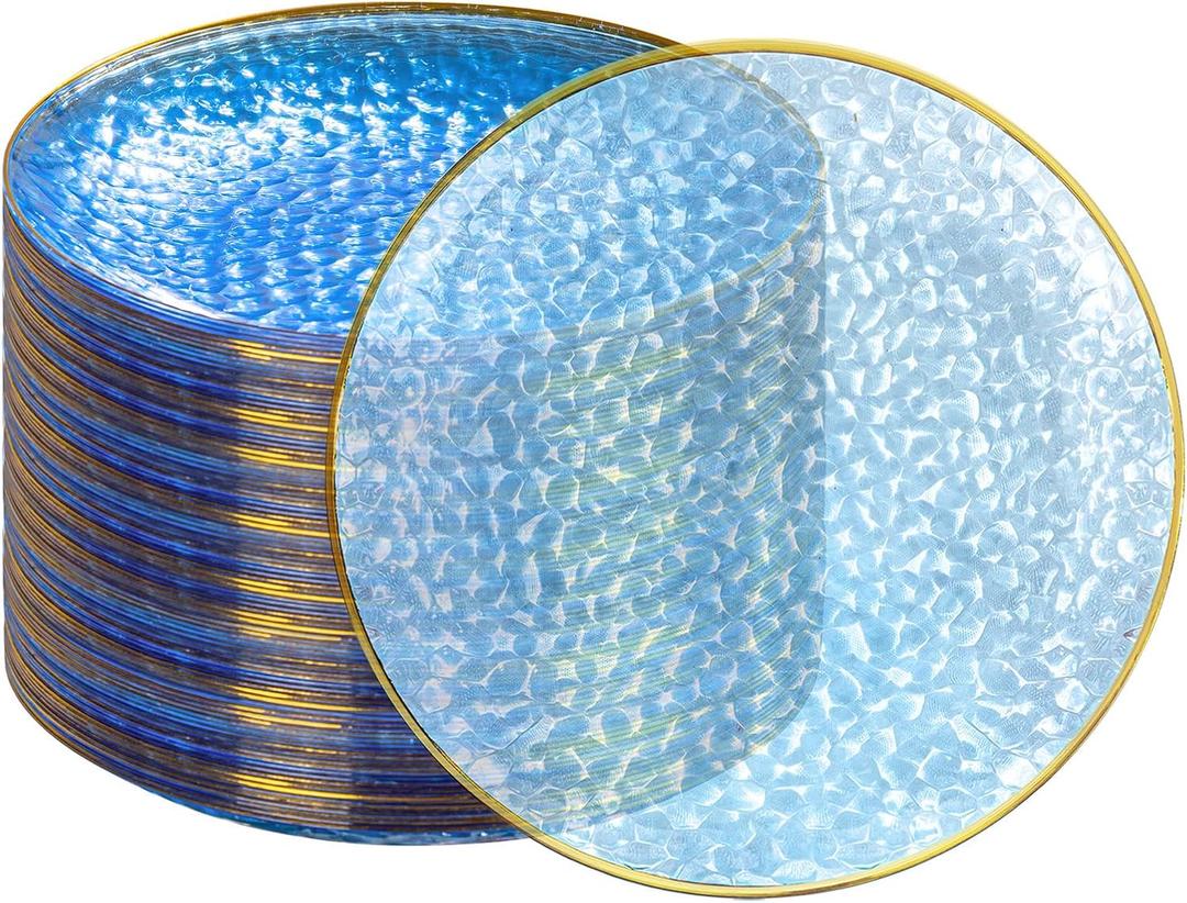 DaYammi 100 Pcs Clear Blue Gold Plastic Plates, Clear Hammered Plastic Plates, Blue Party Platos, Disposable Salad/Dessert Platos, 7-Inch Disposable Dessert/Appetizer Platos Perfect For Party