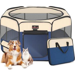 Aivituvin Dog Playpen, Foldable Pet Play Pens with Carrying Bag for Cat, Puppies, Rabbits, Portable Dog Tent Crates Cage for Travel Camping Indoor Outdoor, Removable Shade Cover, Blue L